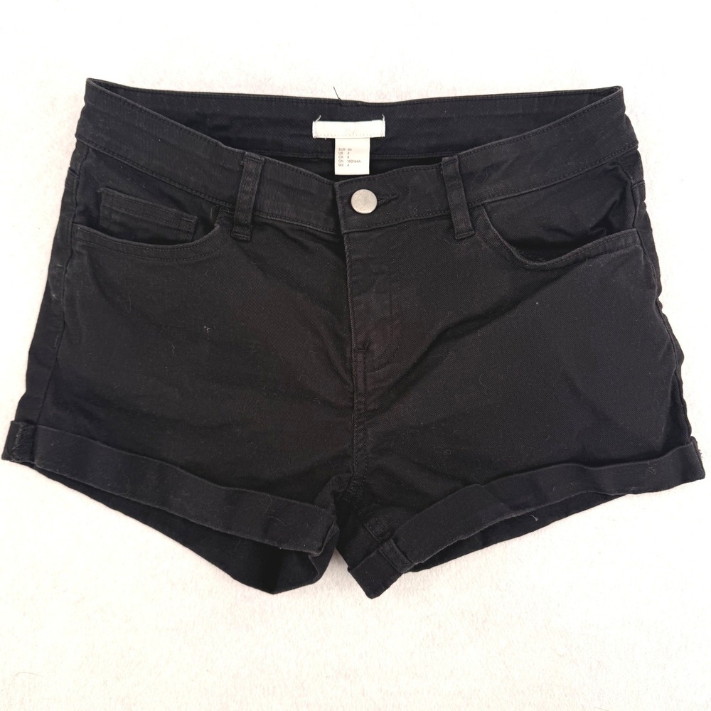 Black Denim Cuffed Shorts Womens Size 4 Cotton Stretch Grunge Festival